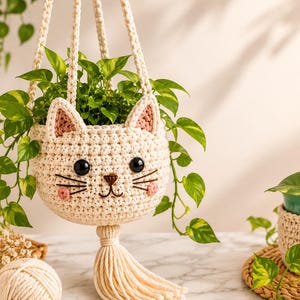 Makramé katt växthängare mönster PDF | Boho hängande plantering, virkad kattälskare present, hängande kruka (digital nedladdning)
