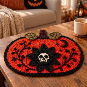 May include: A crochet pumpkin placemat in bright orange with a black border. The center features a black flower with a white skull at its core. Decorative black vine patterns, a crescent moon, and small stars are stitched on the surface.