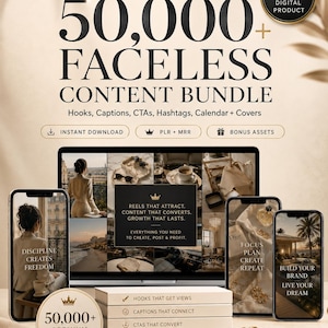 Pacchetto di oltre 50.000 contenuti senza volto / oltre 8.000 reel senza volto, prodotti digitali PLR MRR e contenuti di marketing virale