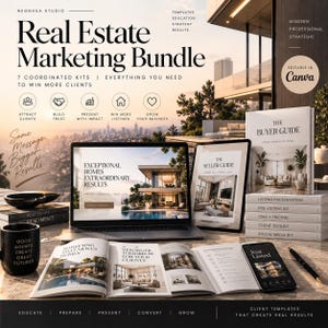 Op de afbeelding: Een vastgoedmarketingpakket met een laptop, tablet en gedrukte gidsen. De tekst luidt Real Estate Marketing Bundle, The Buyer Guide, The Seller Guide, inclusief diverse zakelijke zinnen en iconen tegen een achtergrond van een zonsondergang.