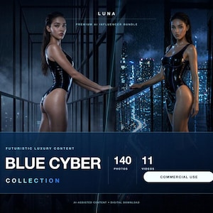 May include: A digital product bundle titled LUNA Premium AI Influencer Bundle, featuring the Blue Cyber Collection with 140 photos and 11 videos. The graphic displays two images of a person in a black bodysuit against a rainy city background.
