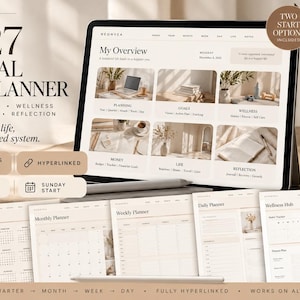 May include: A 2027 digital life planner displayed on a tablet screen, featuring sections for planning, goals, wellness, money, life, and reflection. The interface includes 569 pages, hyperlinked navigation, and options for Monday or Sunday start dates.