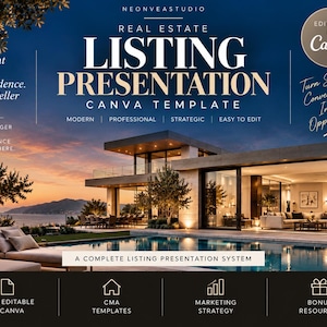 May include: A digital real estate listing presentation Canva template featuring a modern house with a pool at sunset. Text includes "Real Estate Listing Presentation," "Canva Template," "Present With Confidence," and "Turn Seller Conversations Into Opportunities."