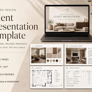 Könnte beinhalten: Eine Interior Design Kundenpräsentationsvorlage mit 66 Seiten in A4 und 16:9 Formaten. Das digitale Dokument zeigt ein Moodboard, ein Wohnzimmerkonzept, einen Grundriss und ein Projektbudget, kompatibel mit Canva und PowerPoint.