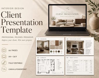 Modello di presentazione per interior design / Moodboard per il cliente, planimetria / Modello Canva di 66 pagine