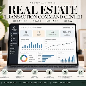 Könnte beinhalten: Ein Laptop-Bildschirm mit einer Google Sheets-Vorlage für ein Immobilien-Transaktions-Kontrollzentrum. Das Dashboard enthält Datenvisualisierungen wie Balkendiagramme, ein Liniendiagramm und ein Kreisdiagramm sowie Textbeschriftungen für Transaktionen und Aufgaben.