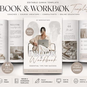 Op de afbeelding: Een bewerkbaar Canva-sjabloon voor een e-book en werkboek met een neutraal kleurenpalet. Het ontwerp bevat een voorpagina met een persoon die een laptop gebruikt, lay-outs voor binnenpagina's met inhoudsopgave en tijdelijke tekst.