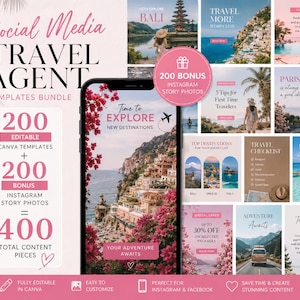 May include: A social media travel agent template bundle featuring 200 editable Canva templates and 200 bonus Instagram story photos. The display shows a smartphone screen with travel imagery, pink text, and various travel-themed graphic layouts.