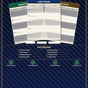May include: A digital business planner set featuring 20 printable pages. The design includes a client tracker, revenue tracker, and business goals sheet. Text includes Executive Series, Premium Business Collection, Business, and What's Included.