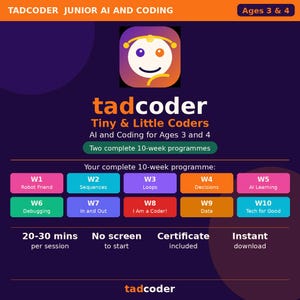 Puede incluir: Un folleto educativo digital para Tadcoder Junior AI and Coding para niños de 3 y 4 años. Presenta un fondo morado, un logotipo central con una cara sonriente y una cuadrícula de diez módulos de lecciones semanales etiquetados de W1 a W10, que cubren temas como amigos robots, secuencias, bucles y depuración.