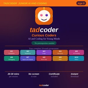 Puede incluir: Un folleto digital para Tadcoder Junior AI and Coding para 5 años, con un icono de robot naranja, el texto Curious Coders y una lista de programa de 10 semanas que incluye Computers, Sequences, Loops, Decisions, AI Training, Debugging, Inputs and Outputs, First Code, Data y Ethics.