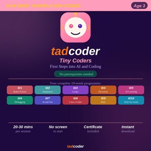 Może przedstawiać: Cyfrowa ulotka dla Tadcoder Junior AI and Coding dla 3-latków. Zawiera różową ikonę robota, tekst Tiny Coders First Steps into AI and Coding oraz 10-tygodniowy harmonogram zajęć z tematami takimi jak Robot Friend, Sequences i Loops.