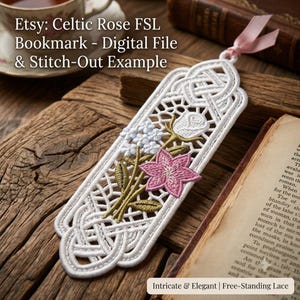 Motif de broderie pour marque-page Celtic Rose FSL, broderie machine en dentelle florale (téléchargement numérique)