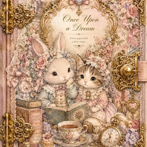 Victorian Junk Journal Kit Bunny Kittens Tea Time Ephemera Scrapbook Supplies Instagram Background Digital Download Printable