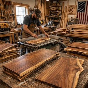 May include: A woodworker in a brown apron operates a table saw to cut a live edge walnut slab. Stacks of finished rectangular wooden boards with natural grain patterns are arranged on a workbench in a workshop filled with tools and lumber.