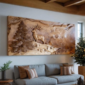 Cuadro de madera artesanal con forma de ciervo para una decoración rústica de salón.