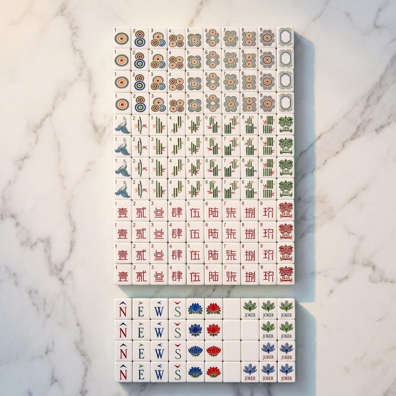 Mahjongset met leren tas | Tegels met bloemen- en lotusmotief | Draagbaar Mahjongspel voor op reis | Cadeau voor spelliefhebbers en verzamelaars afbeelding 2