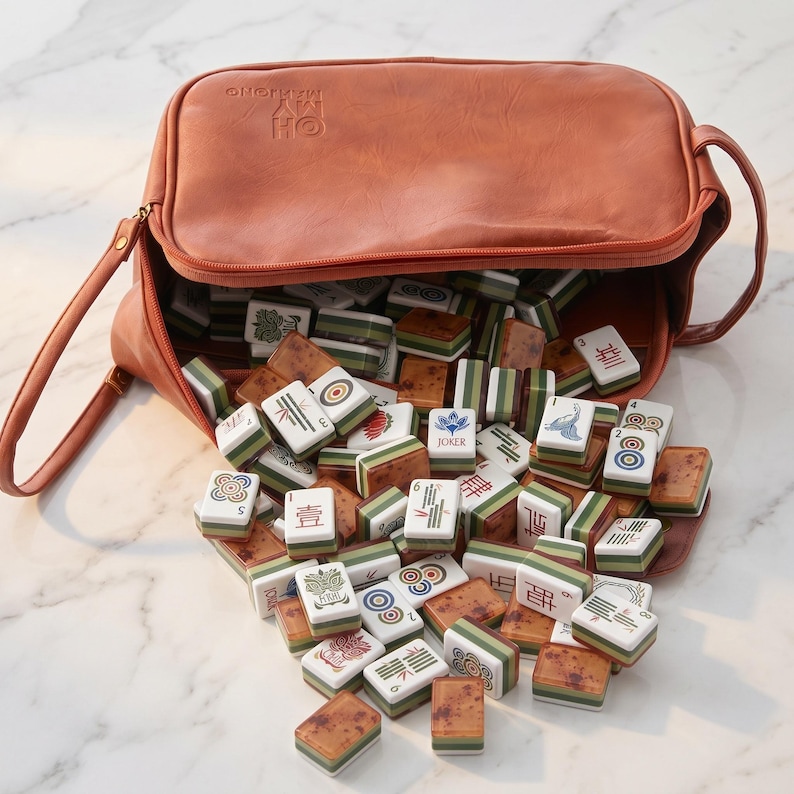Mahjongset met leren tas | Tegels met bloemen- en lotusmotief | Draagbaar Mahjongspel voor op reis | Cadeau voor spelliefhebbers en verzamelaars afbeelding 6