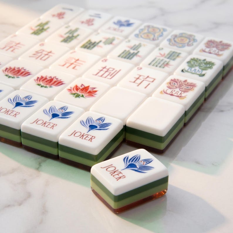 Mahjongset met leren tas | Tegels met bloemen- en lotusmotief | Draagbaar Mahjongspel voor op reis | Cadeau voor spelliefhebbers en verzamelaars afbeelding 5
