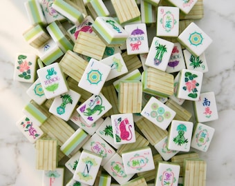 Mahjongset met 160 tegels | Draagbare acryltegels met draagtas | Tropisch botanisch bloemendesign | Cadeau voor spelliefhebbers