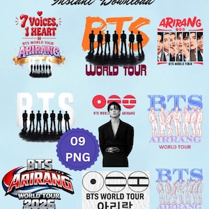 Pacote PNG da turnê mundial BTS AIRRANG 2026, silhueta do circuito, assinatura, estamos de volta em 2026