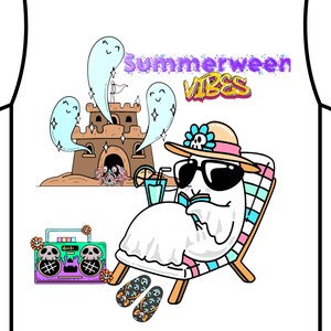 May include: A white t-shirt featuring a graphic print of a ghost wearing sunglasses and a sun hat while lounging in a beach chair, reading a book. Nearby is a sandcastle with two smaller ghosts, a colourful boombox, and a pair of flip-flops.
