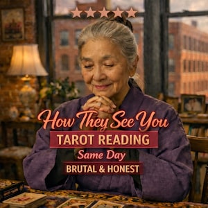 May include: An older person with gray hair wearing a purple robe, sitting with hands clasped. Text reads: How They See You, TAROT READING, Same Day, BRUTAL & HONEST. Five stars are displayed above the person. Tarot cards are visible on the table.