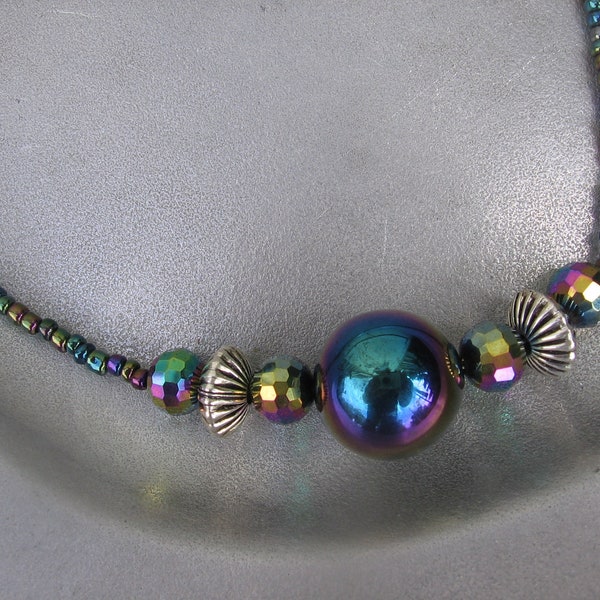 Black Light - Iridescent Crystals, Glass and Agate Beaded Necklace - Free US Ship