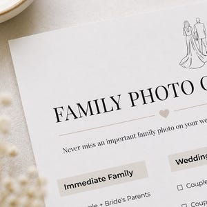 May include: A white paper wedding family photo checklist with black text and a line drawing of a couple. The document features the title FAMILY PHOTO C, a small heart icon, and sections for Immediate Family and Wedding, including checkboxes for photo groupings.