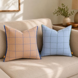 May include: Two square throw pillows with a grid pattern. The left pillow is tan with blue grid lines and blue piping. The right pillow is light blue with dark green grid lines and dark green piping. Both pillows feature a small orange fabric tag.