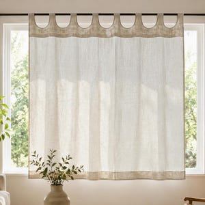 Customized Linen Café Curtain Panel, Scalloped Tab Top Curtain, French Country Shabby Chic Window Treatment