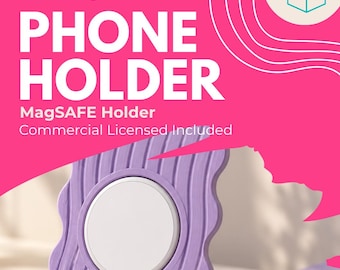 Könnte beinhalten: Ein lavendelfarbener Telefonhalter mit wellenförmiger, vertikal gerippter Textur und einem kreisförmigen weißen MagSAFE-Ladepad in der Mitte. Der Text InkBorrable, PHONE HOLDER, MagSAFE Holder und Commercial Licensed Included ist sichtbar.