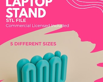 Könnte beinhalten: Ein türkisfarbener, 3D-gedruckter Laptopständer mit einer durchgehenden, wellenförmigen, serpentinenartigen Struktur. Die Grafik enthält den Text InkBorrable, LAPTOP STAND, STL FILE, Commercial Licensed Included und 5 DIFFERENT SIZES auf pinkem Grund.