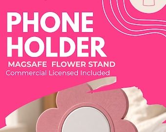 Könnte beinhalten: Ein rosafarbener, blumenförmiger MagSafe-Handyhalter mit einer weißen, kreisförmigen Mitte. Der Text auf dem Bild lautet InkBorrable_ PHONE HOLDER MAGSAFE FLOWER STAND Commercial Licensed Included. Das Design zeigt eine Struktur mit sechs Blütenblättern.