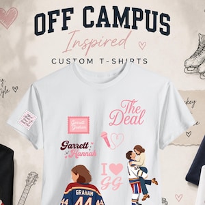 May include: A white short-sleeved t-shirt featuring various pink and blue graphic prints, including the text The Deal, Garrett, Hannah, and I Love GG, along with illustrations of a couple, a typewriter, and a person wearing a jersey numbered 44.
