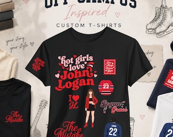 Könnte beinhalten: Ein schwarzes T-Shirt mit roten und rosafarbenen Grafikdesigns, darunter der Text "hot girls love John Logan", "I heart JL", "The Mistake" und "Logan Grace". Das Shirt zeigt Illustrationen einer Person in roter Jacke, ein Eishockeytrikot mit "22" und eine Briefmarke.