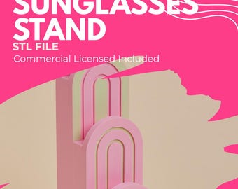 Könnte beinhalten: Ein rosa und hellgrüner Sonnenbrillenständer mit drei gestuften Bogenformen. Der Text InkBorrable, SUNGLASSES STAND, STL FILE und Commercial Licensed Included ist in Weiß auf einem leuchtend rosa Hintergrund zu sehen.