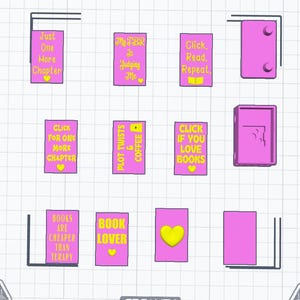 May include: A collection of rectangular pink plastic molds featuring yellow text and heart icons. Phrases include Just One More Chapter, My TBR Is Judging Me, Click. Read. Repeat., Click For One More Chapter, Plot Twists & Coffee, Click If You Love Books, Books Are Cheaper Than Therapy, and Book Lover.