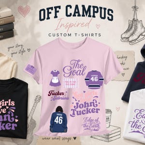 May include: A light pink t-shirt featuring purple graphic designs including a hockey jersey with the number 46, the text The Goal, Tucker Sabrina, Hot girls love John Tucker, and Edge of the Earth, plus a small illustration of a dress.