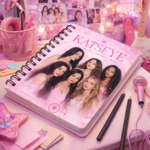 Puede incluir: Un cuaderno de espiral con una cubierta de color rosa claro que presenta una fotografía grupal de seis personas y el texto KATSEYE BEAUTY CONFIDENCE DREAMS. El diseño incluye gráficos de estrellas y un fondo rosa suave y difuso.
