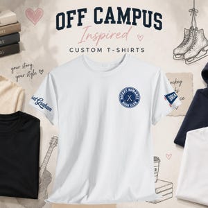 May include: A white short-sleeved t-shirt featuring a circular navy blue logo on the chest that reads Hockey Romance Book Club with crossed hockey sticks. The right sleeve displays the text Briar in a navy blue font, and the left sleeve says Janet Graham.