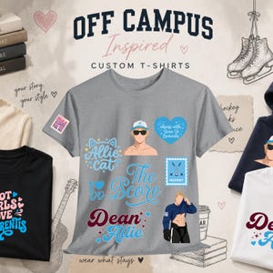 May include: A grey short-sleeved t-shirt featuring various graphic prints including a person wearing a cap and sunglasses, a blue heart with text, the words Allie Cat, The Score, and Dean Allie, a hockey stick icon, and a hockey player illustration.