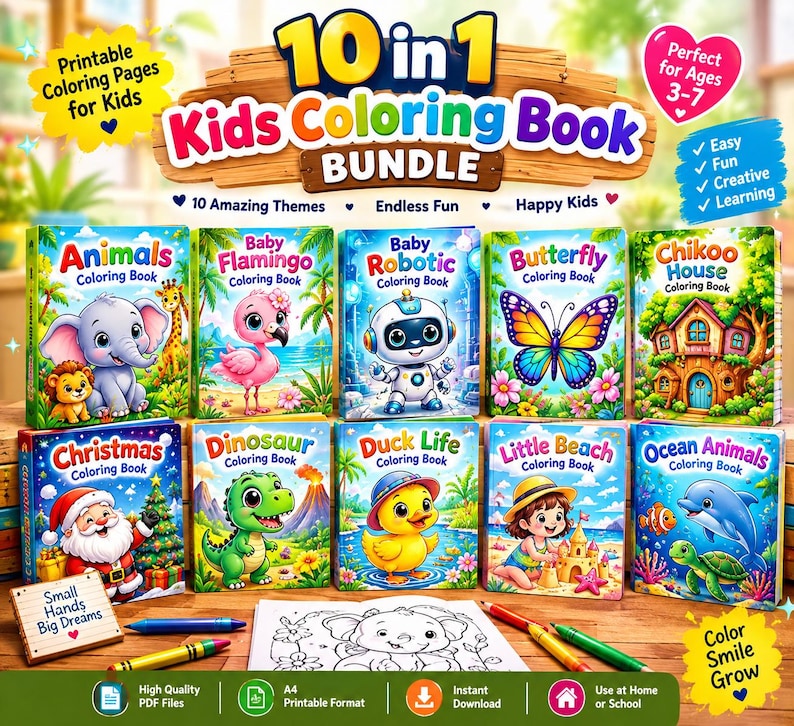 10-in-1 Kids Coloring Book Bundle, Animal & Nature Themes (digital ...