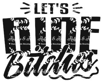 May include: Black and white graphic design with the text "Ruffles & Rust Handmade Boutique" repeated multiple times. The text is surrounded by a wreath of leaves.
