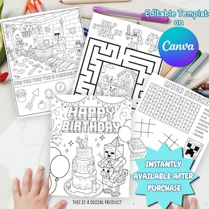 Puede incluir: Una colección de hojas de actividades imprimibles con dibujos de líneas en blanco y negro inspirados en Minecraft. Las páginas incluyen un juego de buscar objetos, un laberinto con el texto HELP STEVE GO HOME, una sopa de letras y un dibujo de cumpleaños.