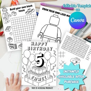 Block Lego Birthday Coloring Pages, Kids Party Favor Activities, Editable in Canva (Digital Download)