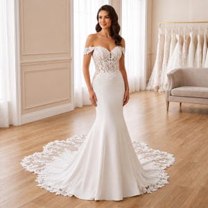 Off Shoulder Mermaid Wedding Dress, Lace Applique Bridal Gown, Elegant Lace-Up Wedding Gown, Custom Bridal Dress for Women