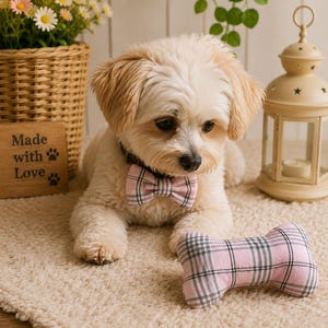 Pink Tartan Dog Gift Set Bow Tie and Bone Toy Handmade Puppy Present Scottish Pet Accessories