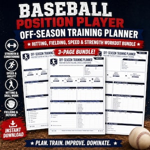 Baseball Position Player Off-Season Training Planner, Hitting, Fielding, Speed and Strength Workout Bundle