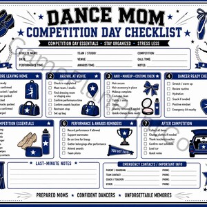 Op de afbeelding: Een wit-blauwe checklist voor danswedstrijden met zeven genummerde secties, iconen van dansschoenen, balletschoenen, tassen en een auto, met invulvelden voor atletengegevens, optredentijden en contactgegevens voor noodgevallen.